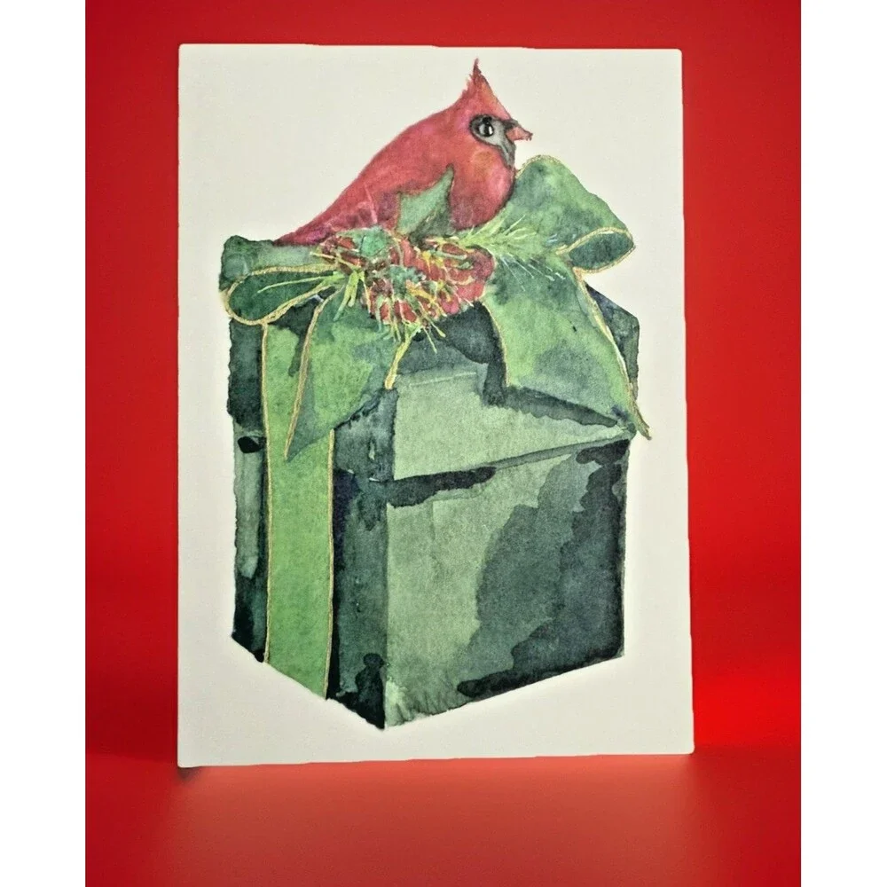 Oddballs Vintage Watercolor Greeted Christmas Card Box Of 10 Red Bird Green Box